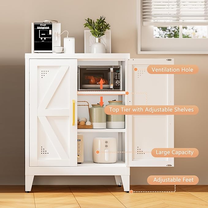 32" Metal Kitchen Pantry Cabinet,Floor Bathroom Storage Cabinet with 2 Adjustable Shelves,Freestanding Sideboard for Small Spaces, Living Room, Hallway, Dining Room,White