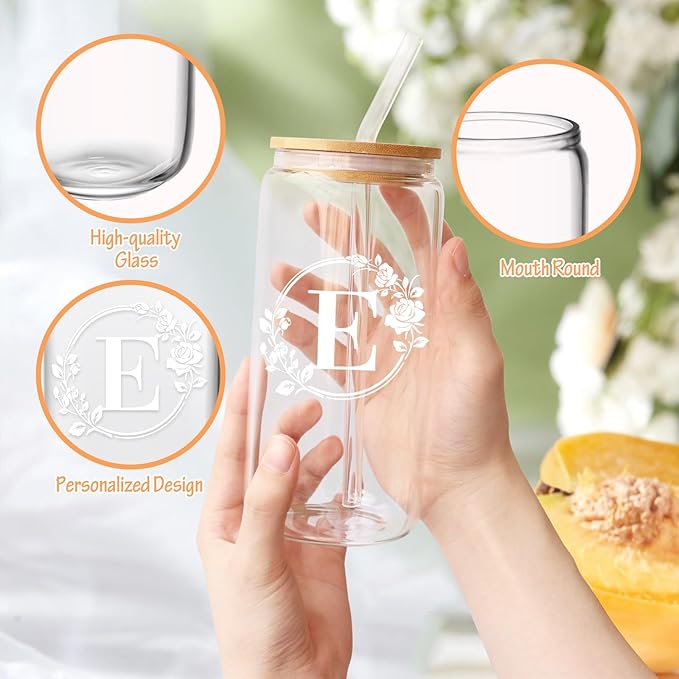 Birthday Gifts for Women, Monogrammed Initial Glass Cup Personalized Gifts for Women, 16oz Glass Cups with Lids and Straws, Iced Coffee Cup, Beer Can Shaped - Gift for Christmas, Birthday, E
