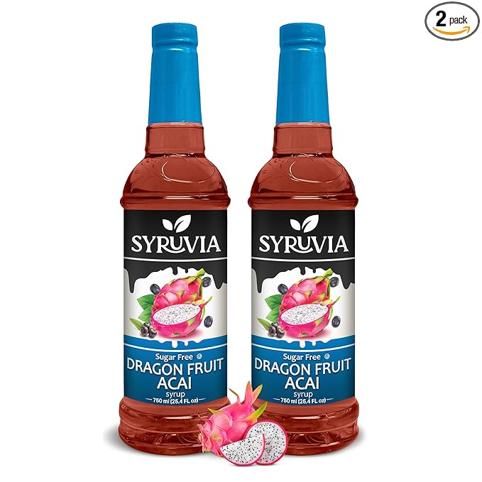 Syruvia Sugar-Free Dragon Fruit Acai Syrup - 25.4 fl oz. Premium Coffee Flavoring Syrup. 0 Calories, Kosher, and Gluten-Free. Perfect for Drinks, Sodas, Shakes, Desserts, and More. (Pack of 2)