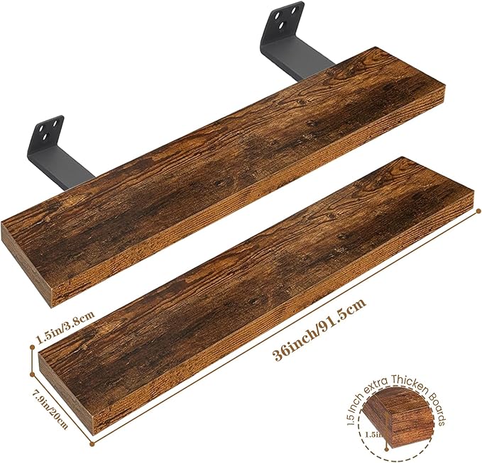 Long 36 Inch Floating Shelves - Rustic Floating Shelves for Wall with 1/5" Thicker Steel Brackets | Heavy Duty Farmhouse Wall Shelves | Solid wood Core | Rustic Wood Shelves for Bedroom Décor Set of 2