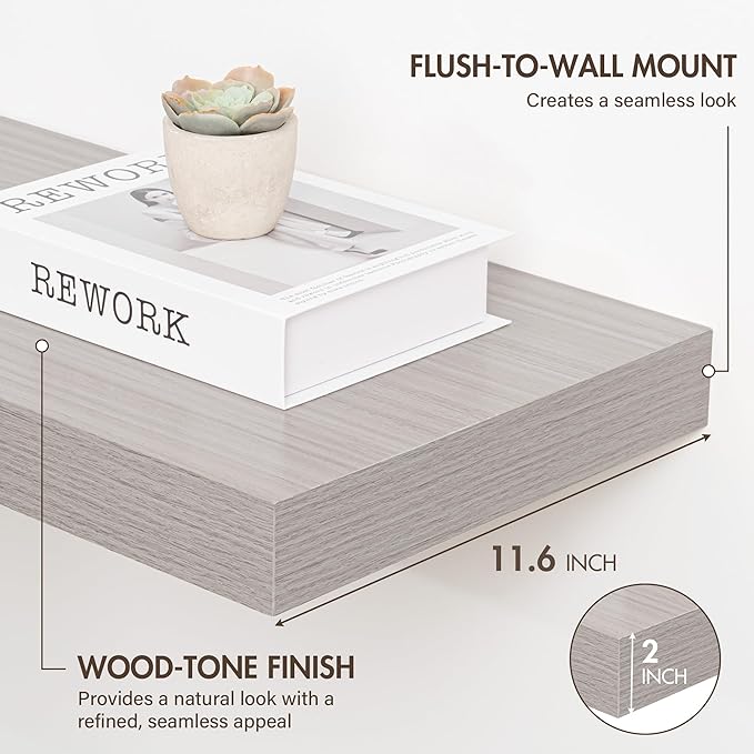 40 Inch Floating Shelves, 12" Deep Floating Shelf Wall Mounted, 40" Wall Shelves, Rustic Deep Bookshelf, Extra Deeper & Thicker Display Shelves for Bedroom, Living Room, Gray, Set of 2