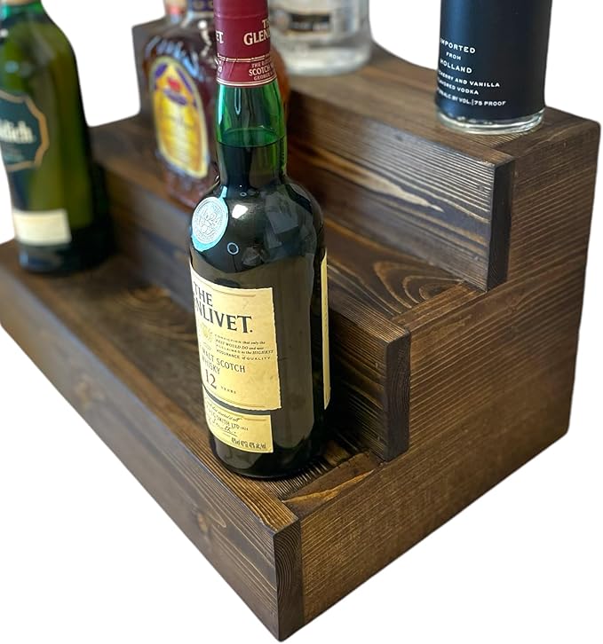 Handmade Tiered Display Shelving - Three Tier Bar Display - Bar Organizer - Liquor Bottle Display (30" with Back, Dark Walnut)
