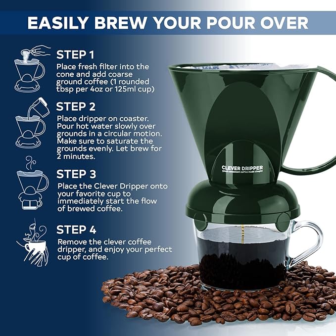 Clever Coffee Dripper and Filters, Large 18 oz| Barista's Choice| Safe BPA Free Plastic|Includes 100 Filters (Dark Green)