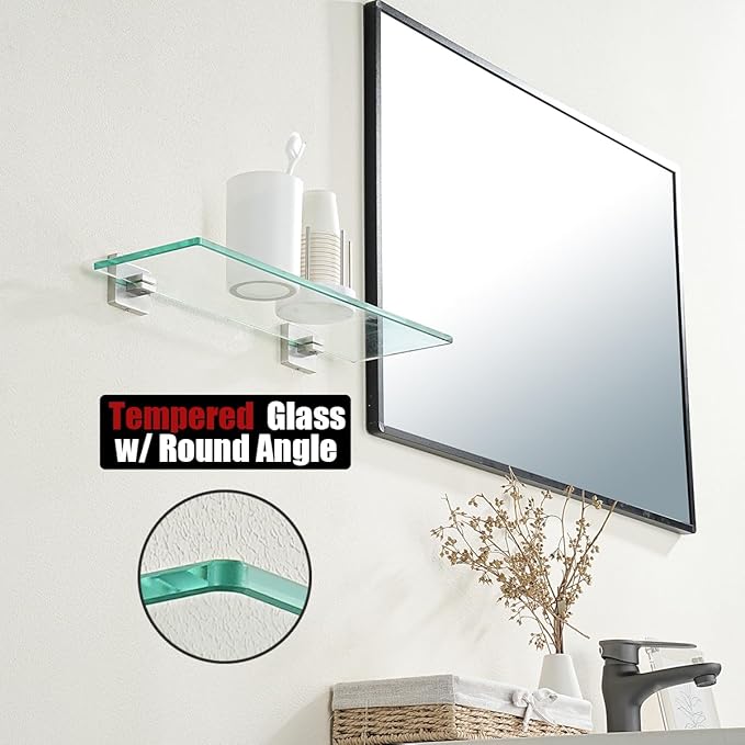 JQK Bathroom Glass Shelf, Floating Tempered Glass Shower Storage 16 by 5 inches, 304 Stainless Steel Brushed Finish Wall Mount, TGS201L16-BN