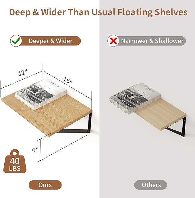 Axeman Deep Floating Shelves, 12 Inch Deep Rustic Oak Floating Wall Shelves Set of 2, 16W x 12D Large Floating Shelves Living Room Cleanning Room Laundry Room Garage - Oak with Black Brackets