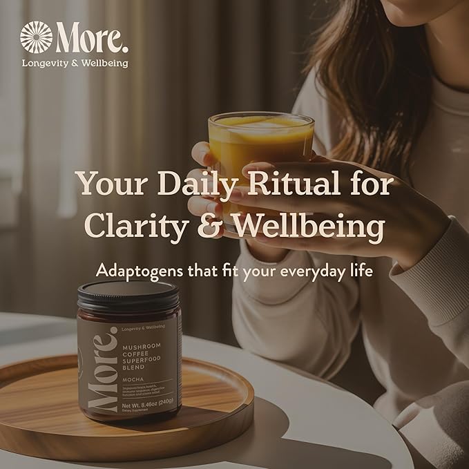 More. Longevity & Wellbeing Premium Mushroom Coffee Superfood – 7 Functional Mushrooms with Lions Mane Supplement, Reishi, Chaga & Ashwagandha Extract, Instant Coffee Alternative with Prebiotics and Essential Vitamins for Focus & Energy, Mocha
