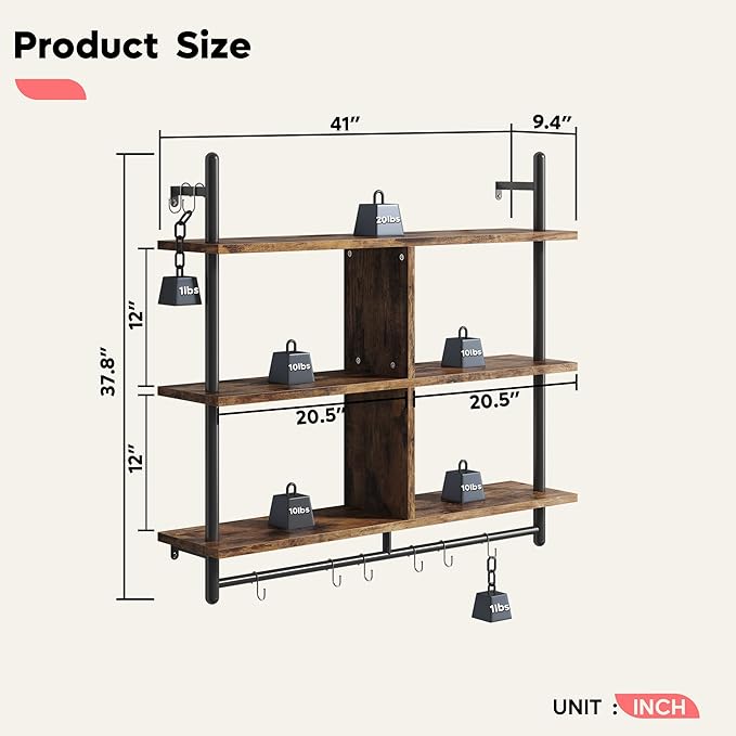 Bestier 41.5" Floating Shelves for Wall 3 Tier Kitchen Shelves Wall Mounted Coffee Bar Shelf Hanging Shelf with 8 Hooks, Industrial Display Pipe Shelving for Kitchen Living Room Bathroom, Rustic Brown