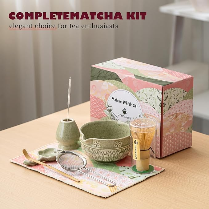 Matcha Tea Set, 8 Pcs Japanese Matcha Kit with Cherry Blossom and Wave Design Ceramic Bowl, Bamboo Whisk, Whisk Holder, Scoop, Sifter, Brush, Matcha kit Set for Matcha Lovers (Matcha Green)