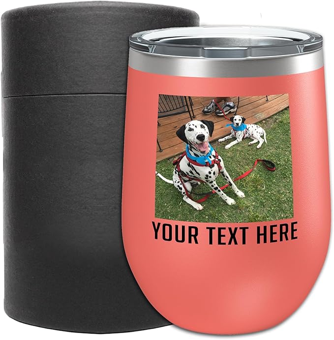 Personalized Mothers Day 12oz Photo Printed Insulated Stainless Steel Powder Coated Stemless Wine Tumbler with Lid, Customized Mom Gift Idea For Her, Custom Mum Team Mom Dad (Coral)