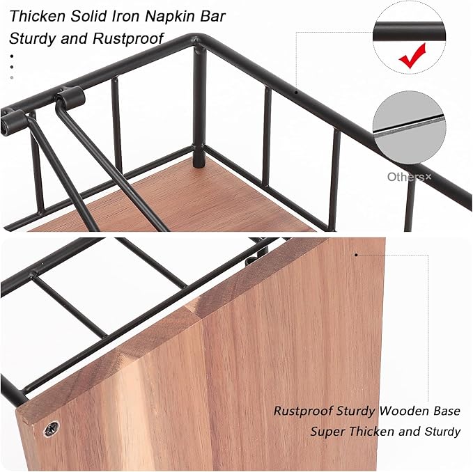 Livabber Flat Napkin Holder, Metal Kitchen Napkin Storage with Weighted Tension Arm Rustic Tissue Paper Dispenser for Countertop, Table Kitchen, Dining Room (With Wooden Base, Black)