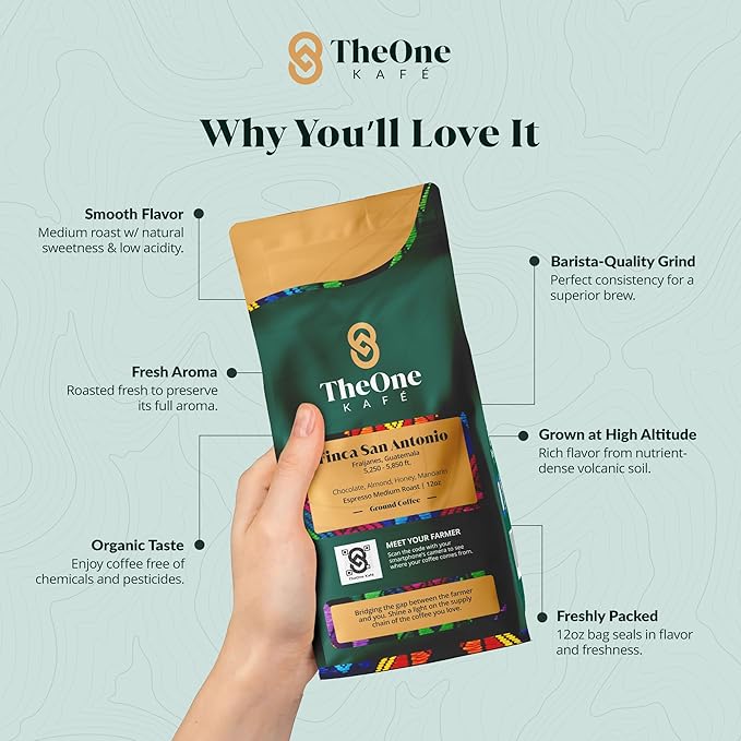 TheOne Kafé Guatemala Medium Roast Ground Coffee – Organic, Single Origin, Premium Specialty Coffee, Ethically Sourced, Smooth & Rich Flavor – Fresh Roasted for Espresso, Drip, Pour Over – 12 oz