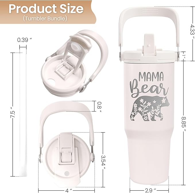 Mom Tumbler 30oz, Mama Bear Tumbler Stainless Steel Insulated Coffee Travel Mug with Handle & Flip Straw Lid, Gifts for Mommy, Presents for Mom for Christmas Birthday Mothers Day Valentines