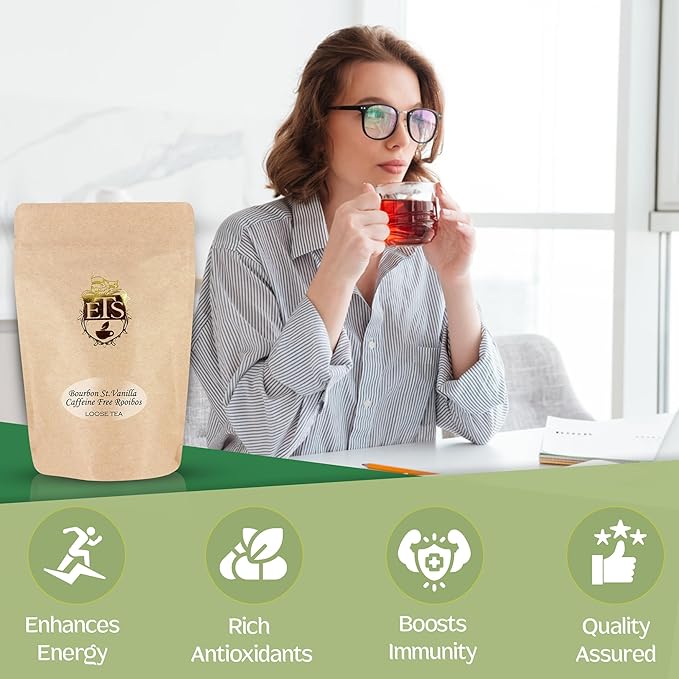English Tea Store Bourbon St Vanilla Rooibos Caffeine Free Loose Leaf Tea Pouches - 16oz | Smooth South African Rooibos with Sweet Vanilla & Cinnamon Spice | Enjoy Hot Iced or as Rooibos Latte