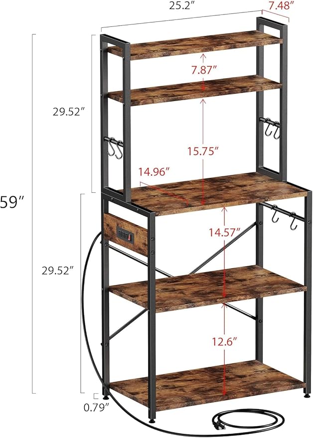Luckyeestar 5 Tier Kitchen Bakers Rack with Power Outlet，25.2 Inch Metal Storage Shelf for Microwave, Coffee Bar, Spice Organizer, Freestanding Kitchen Cart with Hooks