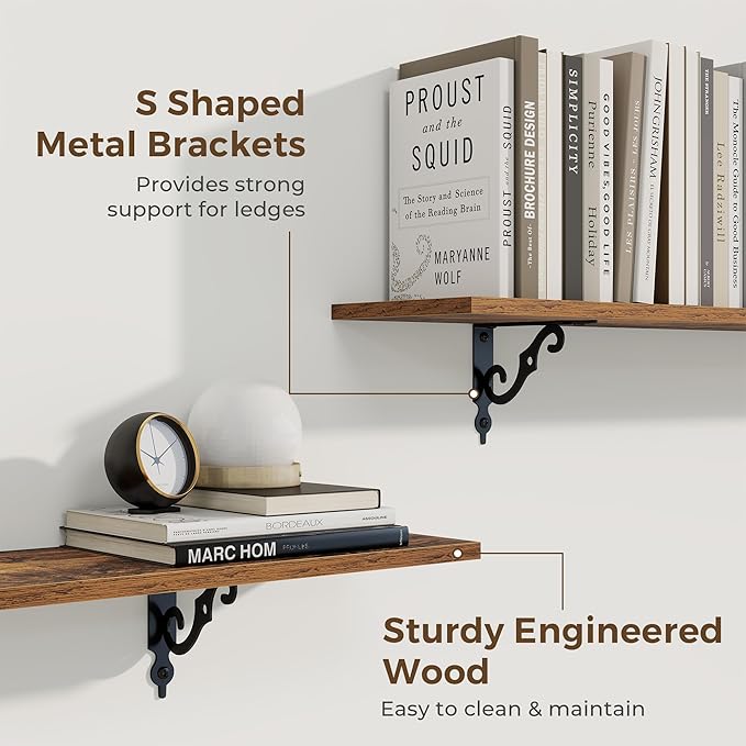 RICHFOCUS Floating Shelves for Wall Decor, 39.4W x 8D Shelves Set of 2, 8 Inch Deep Rustic Wood Shelves Wall Mounted with Brackets, Long Floating Shelves for Living Room Bedroom Kitchen, Rustic Brown