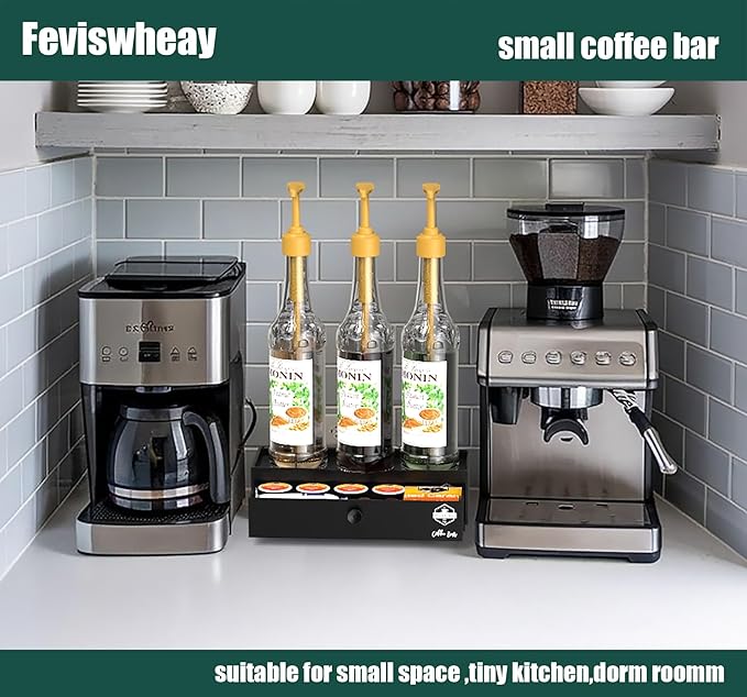 2-Tier Coffee Syrup Organizer Rack with Drawer, No Assembly Required, Compact Stand for Torani & Monin Bottles, Dirty Soda Bar Supplies, Space-Saving for Small Countertop