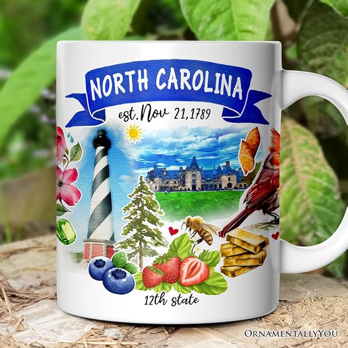 OrnamentallyYou State Travel Landmark Mugs – 12 oz Ceramic Coffee Cups, U.S. Souvenir Gift for Tourists (Artistic North Carolina State Themes and Landmarks Mug)