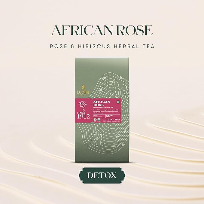 Luxmi Estates African Rose Organic Hibiscus Rose Tea (25 Tea Bags) Caffeine Free Tea Bags For Detox, Cleansing, and Digestion, With Certified Organic Herbal Tea