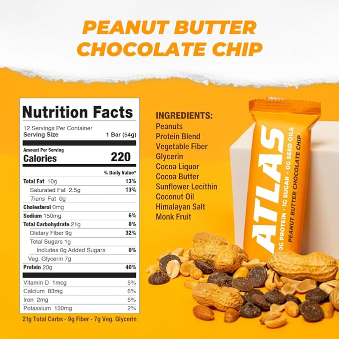 Atlas Bar – 20g Protein, 1g Sugar, 0g Seed Oils, 0g Artificial Sweeteners (12 Count, Peanut Butter Chocolate Chip)