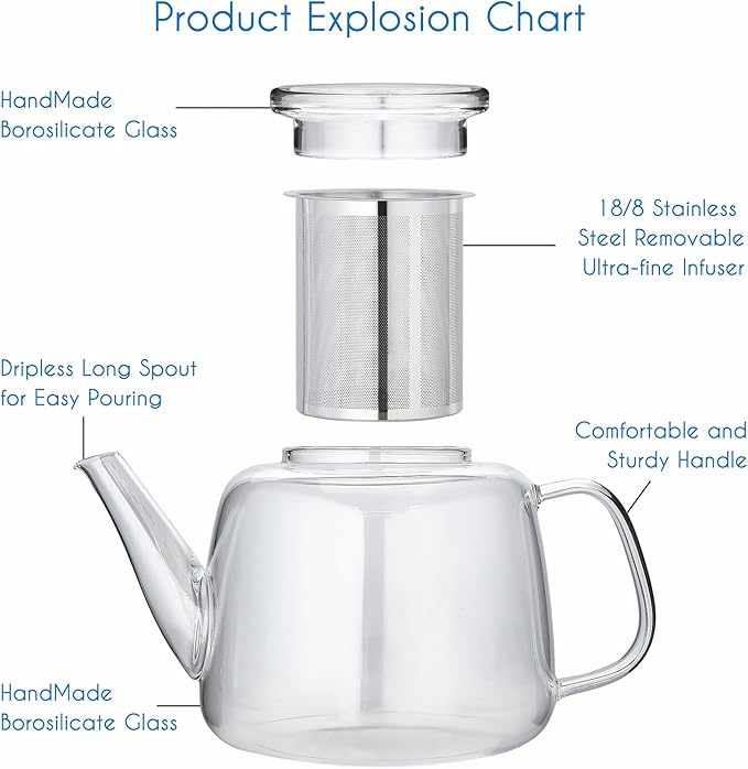 Easyworkz Borosilicate Glass Teapot 50oz with Large Stainless Steel Removable Loose Tea Infuser for Fruit Herbal and Infusion