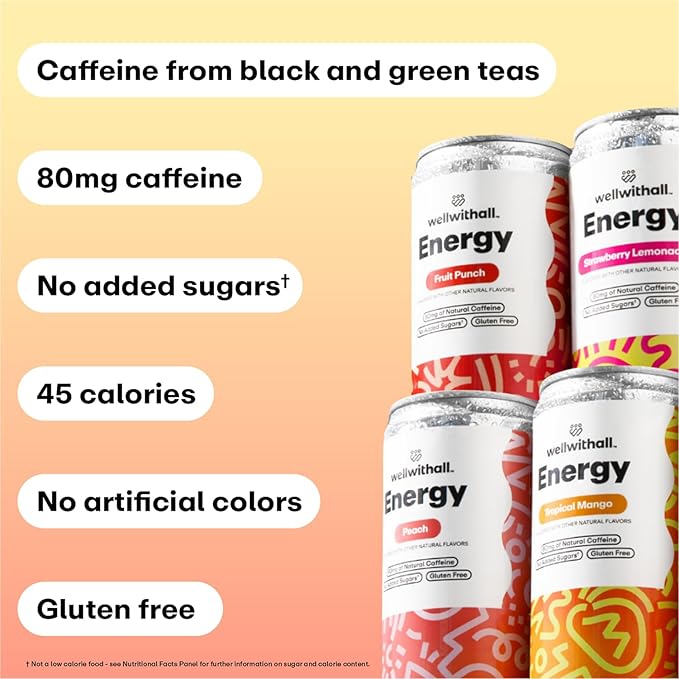 WellWithAll Energy Drink Variety Pack – Strawberry Lemonade, Fruit Punch, Tropical Mango, and Peach Flavors – Caffeine from Tea – With Vitamin C – Lightly Sparkling Beverage – Fruit & Veggie Juice Blend – 12 Oz (Pack of 12 – 3 Cans of Each Flavor)