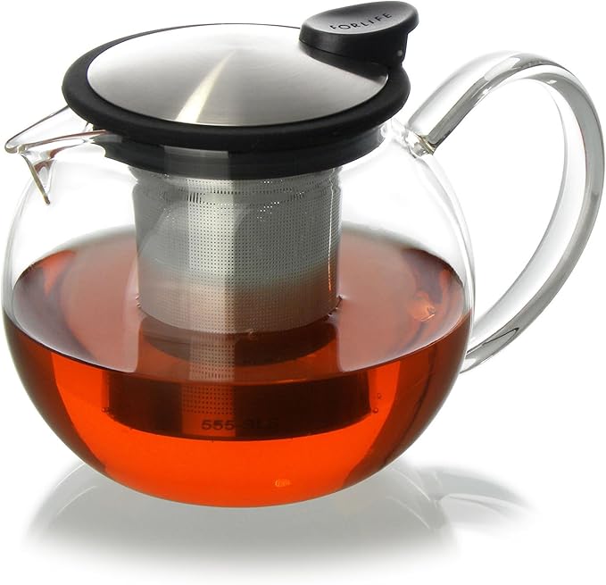 FORLIFE Bola Glass Teapot with Basket Infuser, 25oz./750ml., Red