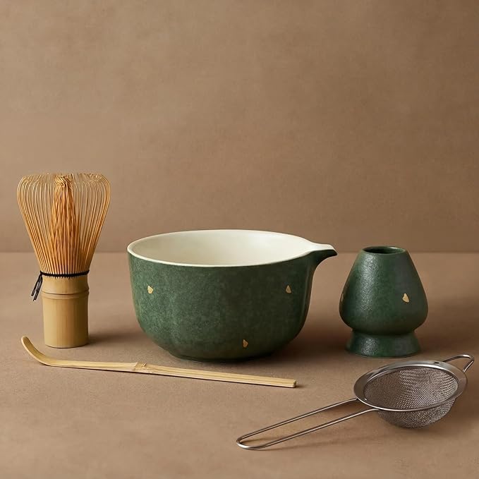 Matcha Whisk Set with Matcha Bowl, Bamboo Chasen and Whisk Holder, Scoop, Sifter, 5 PCS Matcha Kit for Women Men Ceremony, Christmas Matcha Gift Set, Green