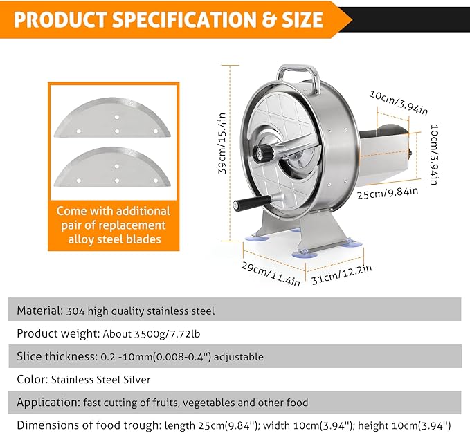 WICHEMI Commercial Vegetable Slicer Machine Manual Fruit Slicer Potato Slicer Stainless Steel Vegetable Fruit Cutter Food Slicing Machine for Potatoes Lemons Tomatoes Onions