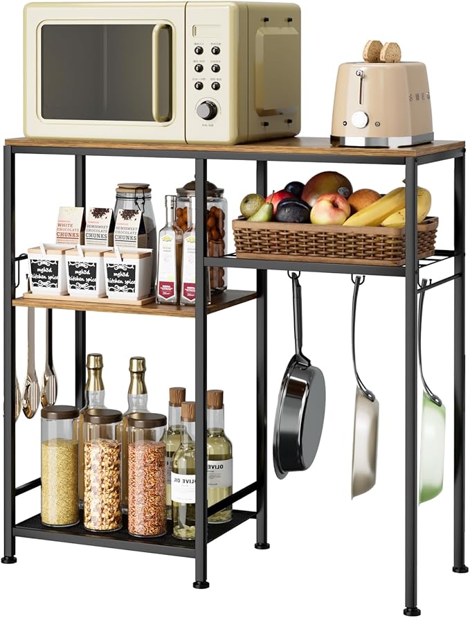 Consumest Microwave Stand, Adjustable Coffee Bar Cabinet, Multifunctional Pan Organizer with 6 Hooks and 3 Shelves, Bakers Rack for Shovel, Pots, Fruits, Vegetables, Brown&Black