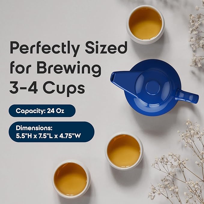 OmniWare 24 Ounce Teapot with Removable Stainless Steel Infuser (Simply Blue) - Loose Leaf Tea Brewer, Microwave & Dishwasher Safe, Retro-Inspired Stoneware for Kitchen & Dining