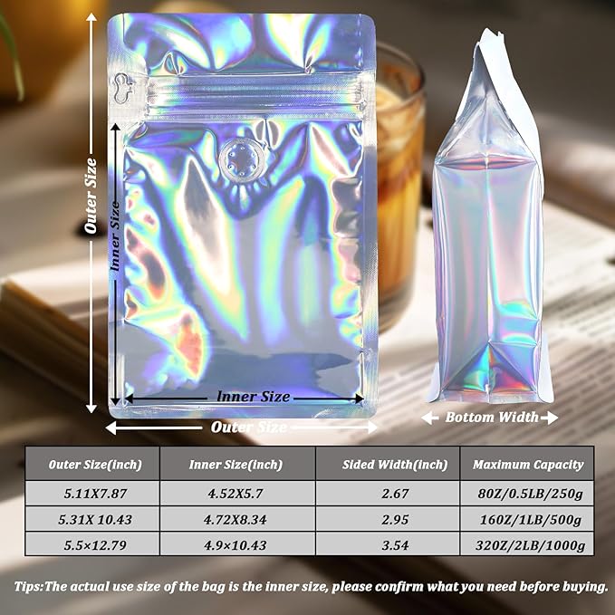 50 PCS Upgraded Coffee Bags with Valve (Holographic, 16 oz/1 lb), Black High Barrier Aluminum Foil Flat Bottom Standing Coffee Bean Storage Bags, Heat Sealable Resealable Bag for Home.