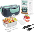 Electric Heated Lunch Boxes Adults: 80W Electric Lunch Box Food Heated 12/24/110V 1.5L Heatable Lunch Box for Car/Truck/Office Leak-Proof Stainless Steel Container, Fork & Spoon, Bag (Grey+Green)