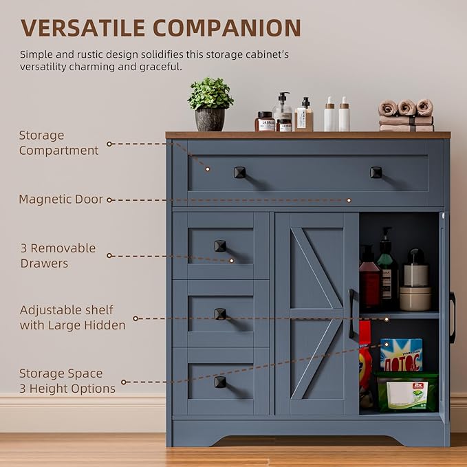 Vabches Farmhouse Storage Cabinet with 2 Doors and 4 Drawers, Freestanding Bathroom Storage Cabinet Kitchen Pantry, Floor Hutch Cupboard for Living Room/Bathroom/Kitchen,Blue