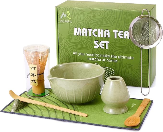 Matcha Whisk Set 9 Pcs | 19oz Ceramic Matcha Bowl with Bamboo Whisk & Holder, Sifter, Chashaku Scoop, Wooden Spoon, Scoop Rest, Tea Towel & Gift Box | Complete Matcha Kit for Matcha Lovers