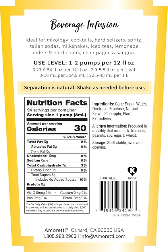 Amoretti - Pineapple Beverage Infusion, 94 Servings Per Bottle (750 ml) - Drink Mix & Water Enhancer with Pump for Flavoring Cocktails, Waters, Teas, and other Beverages, Preservative Free