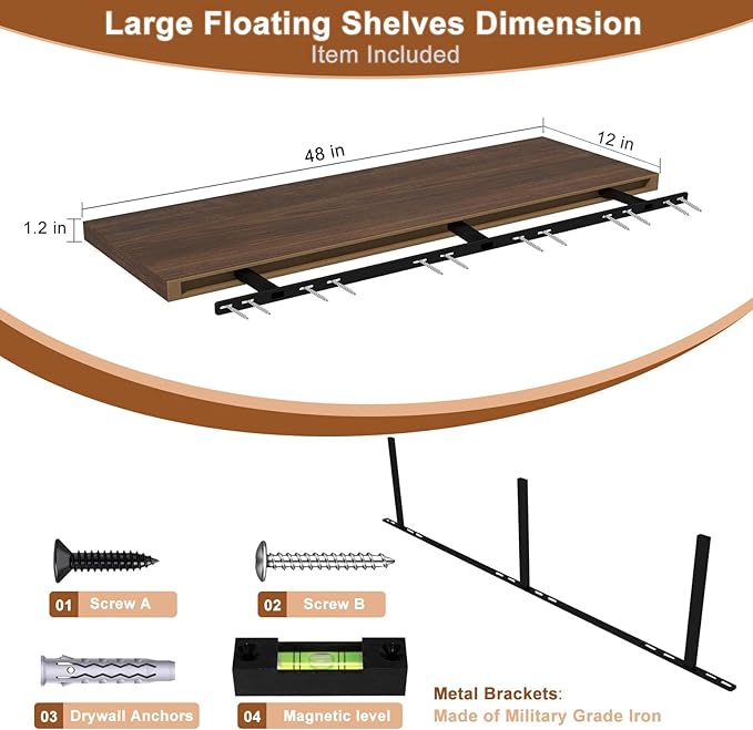 12 Inch Deep Floating Shelves for Wall 2 Pack Floating Shelfs Large Storage Space Wall Decor Display Shelf for Bathroom Living Room Bedroom Kitchen 48" W x 12" D x 1.2" H Walnut