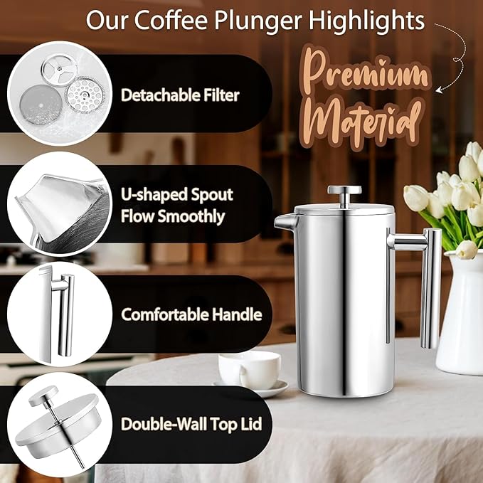 Miuly 21OZ French Press Coffee Maker 600ML Stainless Steel Coffee Press with 3 Level Filtration System, Double Wall Insulated French Press with 2 Filters, Silver