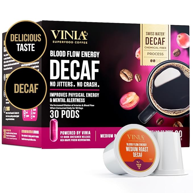 VINIA Decaf Medium Dark Roast with Red Grape Piceid Resveratrol, Nitric Oxide for Heart Health, Alertness, Physical Energy & Blood Flow Circulation. 30ct K-Cup Pods