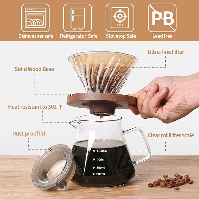 Pour Over Coffee Maker, Borosilicate Glass Drip Coffee Maker with Reusable Stainless Steel Filter and Cork Grip for Home Café (Walnut Collar, 20 OZ)