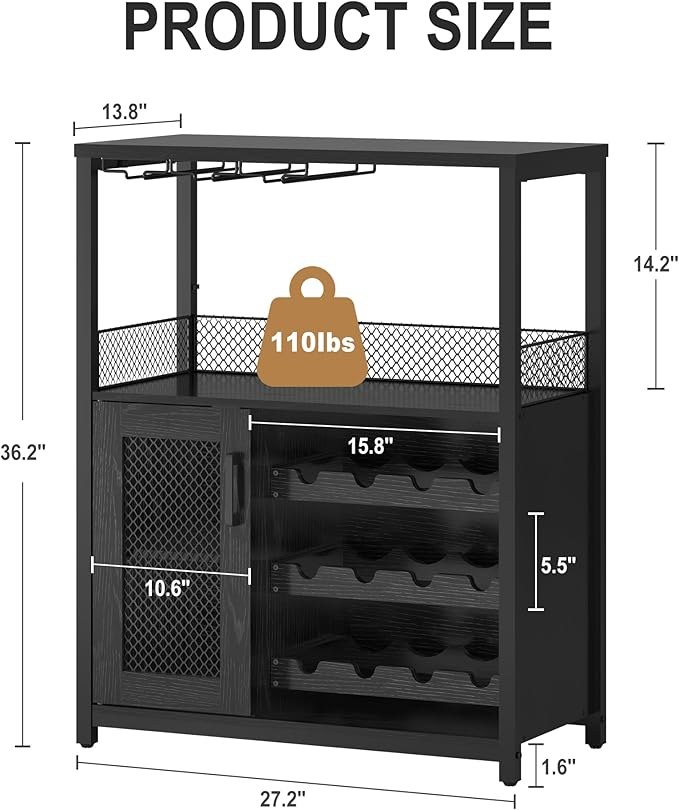 GarveeHome 3-Tier Wine Bar Cabinet with LED Lights & Wine Rack, Liquor Cabinet with Storage, Coffee Bar Cabinet with Glass Holder & Mesh Door, Sideboard Buffet Bar for Living Room, Dining Room, Black