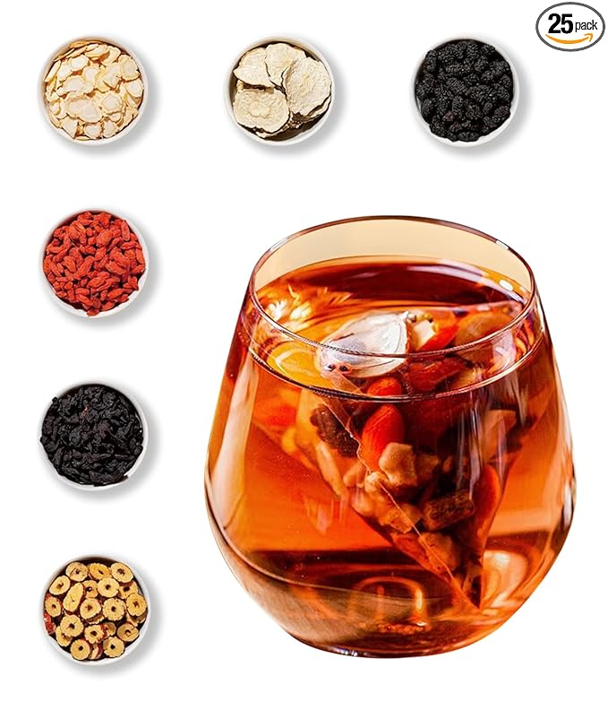 MSFOOT 6-IN-1 Ginseng Herbal Treasures Tea Bags Kidney Tea- with Goji Berry, Maca, Jujube & Mulberry & Huangjing - Energy & Vitality Support - 25 Count Resealable Bag, No Sugar, No Artificial Flavors Chinese Herbal Ginseng Blend Tea (Caffeine-Free)