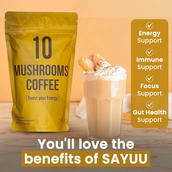 SAYUU 10 Mushroom Coffee Blend - Premium Colombian Coffee with Lion's Mane, Reishi, Cordyceps, Chaga, Maitake, Shiitake & Turkey Tail - Energy, Focus & Immune Support - Organic 40 Servings