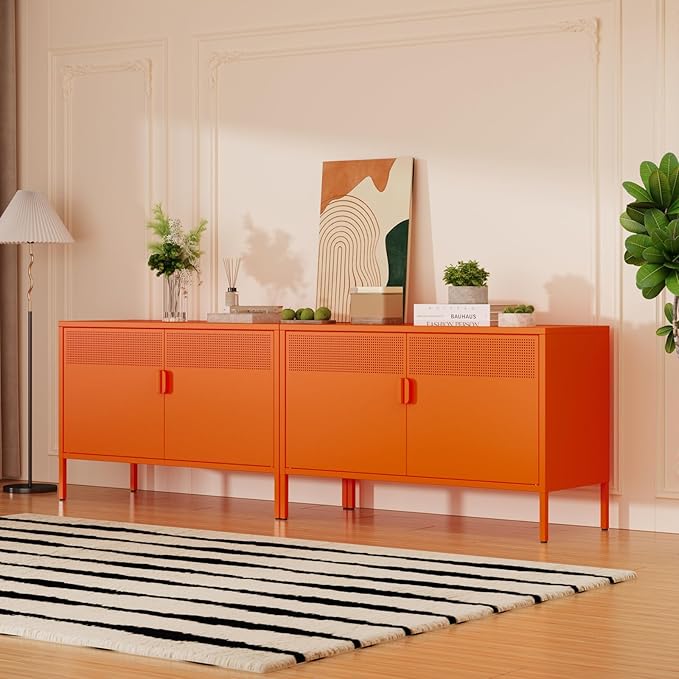 Orange Metal Storage Cabinet,2 Door TV Stand, Metal Mesh Accent Cabinet,Magnetic Door Closure,Low Storage Cabinets with Doors and Shelf for Home,Office,Living Room