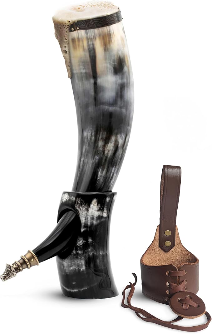 Norse Tradesman Genuine 20" Ox-Horn Viking Drinking Horn with Antique Brass Rim & Wolf Tip, Fitted Stand & Burlap Gift Sack - The Fenrir, 20-Inches, High Polish