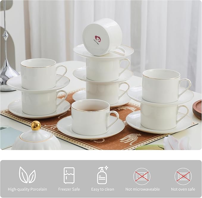 Classic White Porcelain 6.6oz Tea Cup and Saucer Set - 8 pieces cups and Saucers Set with gold trim, Elegant and Versatile for Daily Use, Gift