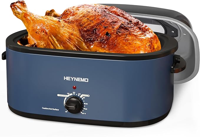 HEYNEMO Roaster Oven 22Qt, 1450W Electric Turkey Roaster Oven Buffet with Self-Basting Lid, Cool-Touch Handles, Removable Pan and Rack, Stainless Steel, Blue