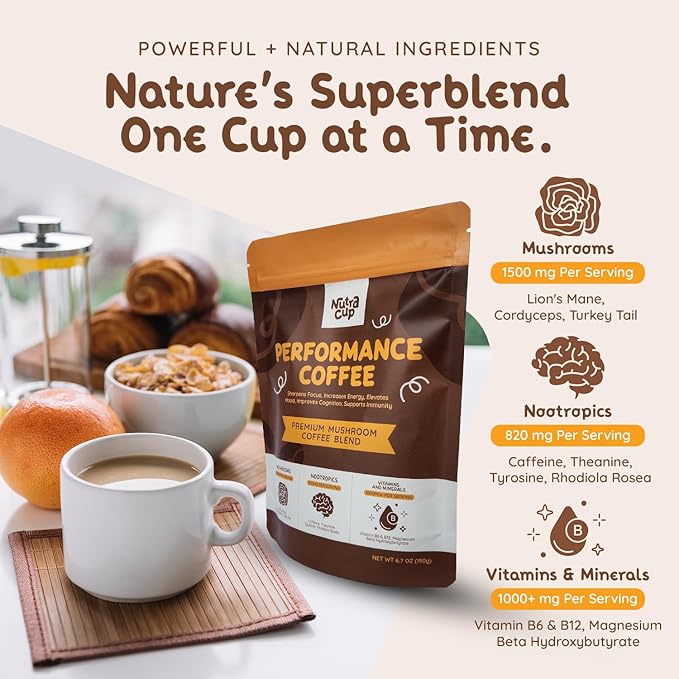 NutraCup Premium Adaptogenic Mushroom Coffee with Lions Mane, Cordyceps, Turkey Tail, & Nootropics for Better Focus, Energy, Digestion, and Immunity - 30 Servings