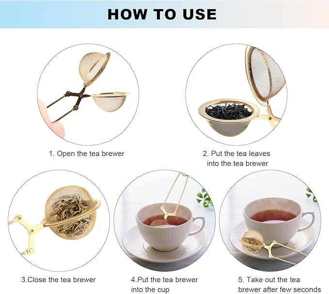 Snap Tea Ball Infuser with Handle; Premium Stainless Steel Fine Mesh Screen Tea Strainer Filters Colander Cullender Sieve Infusion Steeper Maker for Loose Leaf Tea Herbs, 2 Pieces, Golden