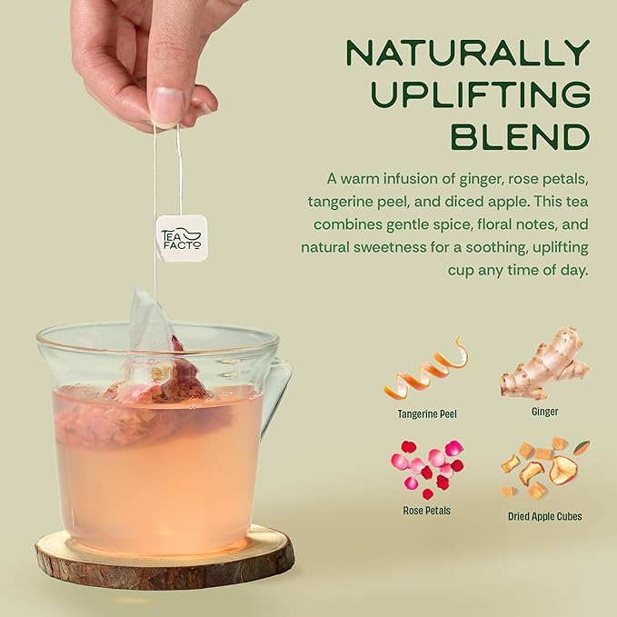 Tea Facto Goddess Glow* Ginger Tea Bags with Dried Ginger Roots, Tangerine Peels, Rose Petals, Dried Apples - Natural Fiber, Zero Added Sugar, Zero Caffeine - 10 Count