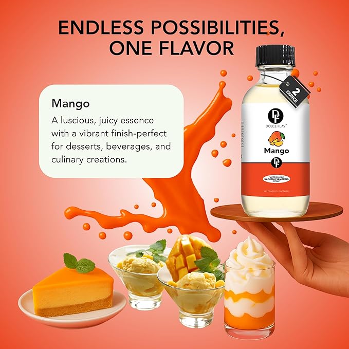Dolce Flav Natural Mango Extract – 8 Ounce Water-Soluble Kosher, Sugar-Free, Concentrated Tropical Mango Flavoring for Baking, Smoothies & Candy